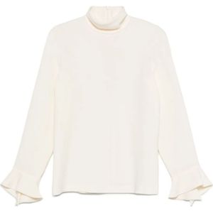 Dames Vintage Victoriaanse Shirts met Trompetmouwen, Hoge Hals, Frivole Ruche, Knoop-Down Blouse, V-hals, Lange Mouwen, Losse Blouses, Tops, Knoop-Down Shirts, Ruche Mouw Blouse, Blouse, A-wit, S