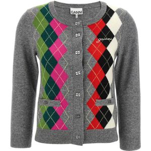 Ganni - Cardigan - Zilver - Cashmere Mix - Ronde Hals, Lange Mouwen