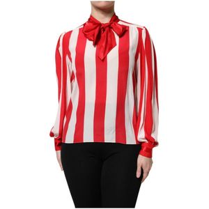 Dolce & Gabbana - Blouse - Rood en Wit - Lange Mouwen - 100% Zijde - Ascot Kraag