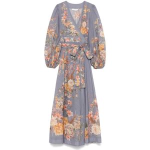 Zimmermann Lila Bloemen Katoenen Jurk met V-Hals , Multicolor , Dames , Maat: S