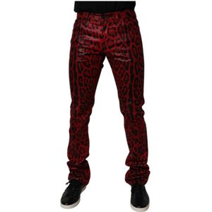Dolce & Gabbana - Slim Fit Jeans - Rood - 98% Katoen, 2% Elastan - Luipaardpatroon