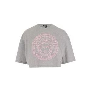 Versace Grijze Katoenen Crop T-shirt met Logo Detail , Gray , Dames , Maat: XS