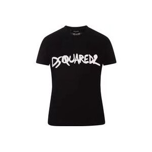 Dsquared2 Zwart Katoenen Jersey T-shirt met Bedrukte Letters , Black , Dames , Maat: XS