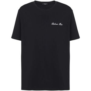 Balmain Los T-shirt met handtekeningborduurwerk , Black , Heren , Maat: M