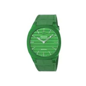 Gucci 40 mm groene aluminium meerlaagse kast, groene messing wijzerplaat met Interlocking G, groene alligator armband , Green , Dames , Maat: ONE Size