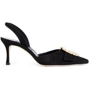Manolo Blahnik - Slingback Pumps - Zwart - Suède - Stilettohak met Parelgesp