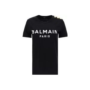 Bedrukt Balmain T-shirt met knopen , Black , Dames , Maat: S