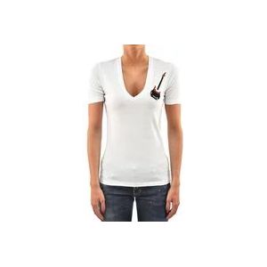 Dsquared2 Multikleur Leren Gitaar V-Hals T-Shirt voor Dames , White , Dames , Maat: XS