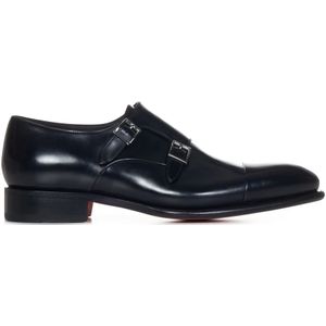 Santoni Zwarte Leren Veterschoenen , Black , Heren , Maat: 40 EU