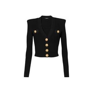 Balmain Cropped eco-designed knit cardigan with gold-tone buttons , Black , Dames , Maat: XS
