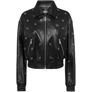 Philipp Plein - Leather Eyelet Bomber Jacket - Zwart - Dames Jassen