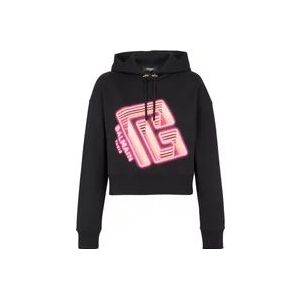 Balmain Cropped hoodie with neon printed labyrinth logo , Black , Dames , Maat: S