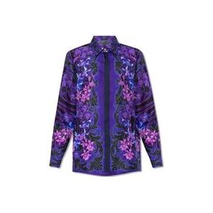 Versace Zijden bedrukte blouse met Orchidea Barocco-print , Purple , Dames , Maat: M