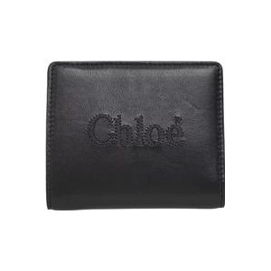 Chloé Leren portemonnee met logo borduursel en muntvakje , Black , Dames , Maat: ONE Size