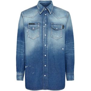 Philipp Plein, Heren, Overhemden, Blauw, Maat: L Denim,