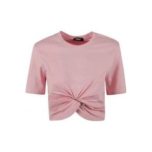 Versace Jersey Stof T-shirts en Polos met Milano Logo Borduurwerk , Pink , Dames , Maat: S