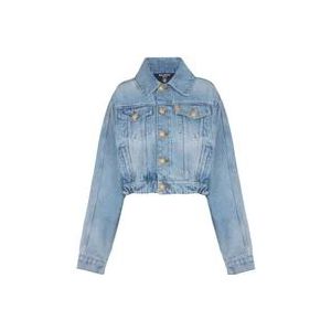 Balmain Korte Denim Katoenen Jas met Knoopsluiting , Blue , Dames , Maat: S