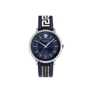 Versace Blauwe V-Circle Leder/Textiel Horloge , Blue , Heren , Maat: ONE Size