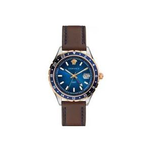 Versace GMT Leren Horloge Blauwe Wijzerplaat , Brown , Heren , Maat: ONE Size