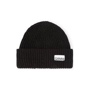 Ganni Ribbed-Knit Beanie , Black , Dames , Maat: ONE Size