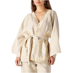 Greek Archaic Kori, Dames, Blouses & Shirts, Beige, Maat: XS Linnen,