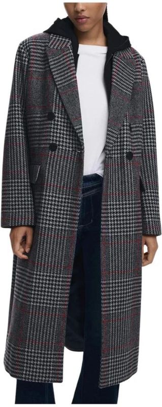 Desigual - Coat_Capucha_Check - Geruite Hooded Wollen Jas - Grijs