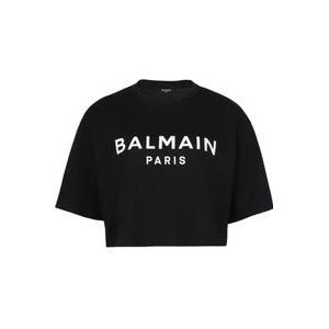 Balmain Geknipte katoenen T-shirt met logoprint , Black , Dames , Maat: 2XS