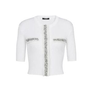 Balmain Geborduurde cropped gebreide vest , White , Dames , Maat: 2XS