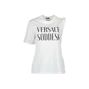 Versace Asymmetrisch T-shirt met bedrukt logo , White , Dames , Maat: S