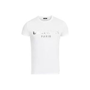 Balmain Eco-ontworpen katoenen T-shirt met Paris logo print. , White , Heren , Maat: M