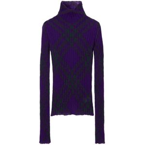 Burberry Paarse Check Print Coltrui , Purple , Dames , Maat: M