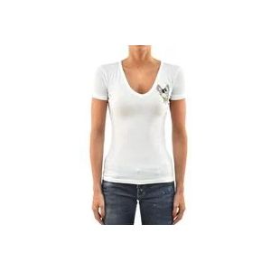 Dsquared2 Multicolor Leren V-Hals Dames T-Shirt met Swarovski Details , White , Dames , Maat: L