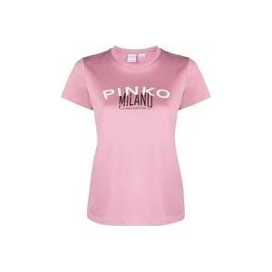 Pinko Logo Print Crew Neck T-shirts en Polos , Pink , Dames , Maat: M