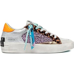 Sneaker - Zilver - Leer - Paars Glitter en Luipaardprint