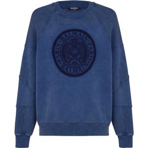 Balmain Geribbelde sweatshirt met 'Coin' borduursel , Blue , Heren , Maat: 2XL
