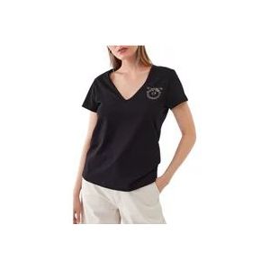 Pinko Zwarte V-hals T-shirt met glanzend logo , Black , Dames , Maat: M