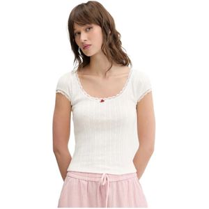 Ecru T-shirt - Korte Mouwen - Met Kant - Gaatjespatroon