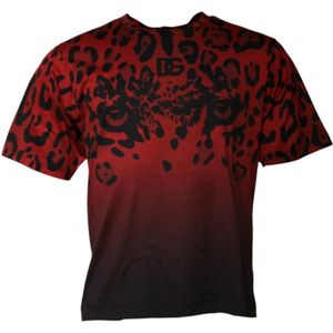 Dolce & Gabbana - Short Sleeve Crew Neck T-shirt - Rood Zwart - Leopard Print