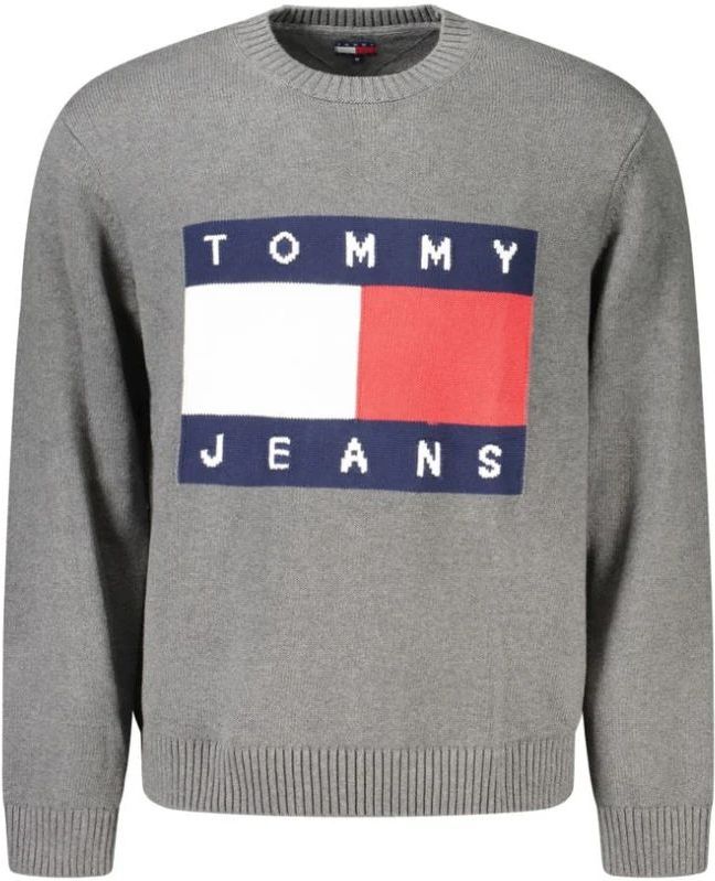 Tommy Hilfiger - Grijze Katoenen Heren Trui - Langärmige - Ronde Hals
