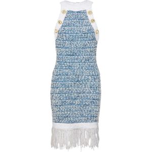 Balmain Blauwe Franje Tweed Minijurk , Blue , Dames , Maat: M