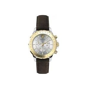 Versace Chrono Signature Leren Zilver Goud Horloge , Brown , Heren , Maat: ONE Size