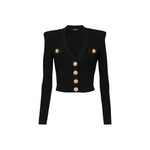 Balmain Gecropte, ontworpen gebreide cardigan met goudkleurige knopen. , Black , Dames , Maat: S