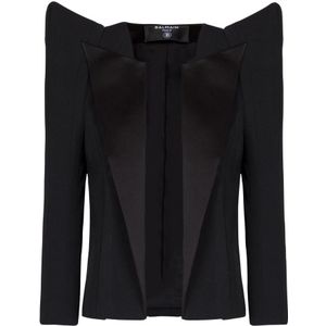 Balmain Geknipte grain de poudre jas met gestructureerde schouders , Black , Dames , Maat: 2XS