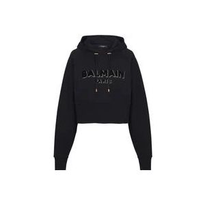 Balmain Kort katoenen sweatshirt met geflockt metallic logo , Black , Dames , Maat: S