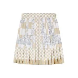 Versace Geruite Zijden Geplooide Elastische Rok , Beige , Dames , Maat: XS