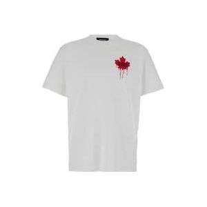 Dsquared2 Maple Print Crewneck T-shirt Wit , White , Heren , Maat: XL