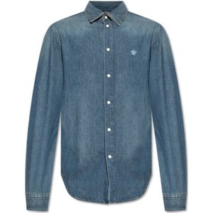 Versace, Heren, Overhemden, Blauw, Maat: 2XL Denim,