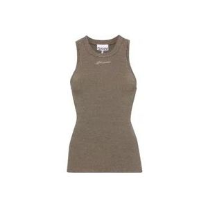 Ganni Gebreide Mouwloze Top met Logoborduursel , Beige , Dames , Maat: XS