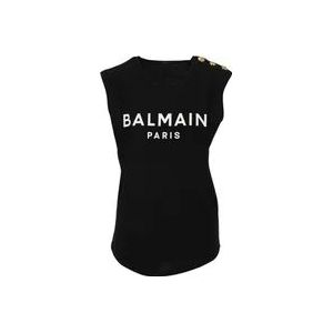 Balmain Zwarte Mouwloze T-shirt van Katoen met Wit Logo Print , Black , Dames , Maat: L