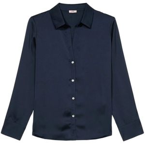 Oltre - Blauw - Blouse - Satijn - Reguliere Pasvorm met Knoopsluiting